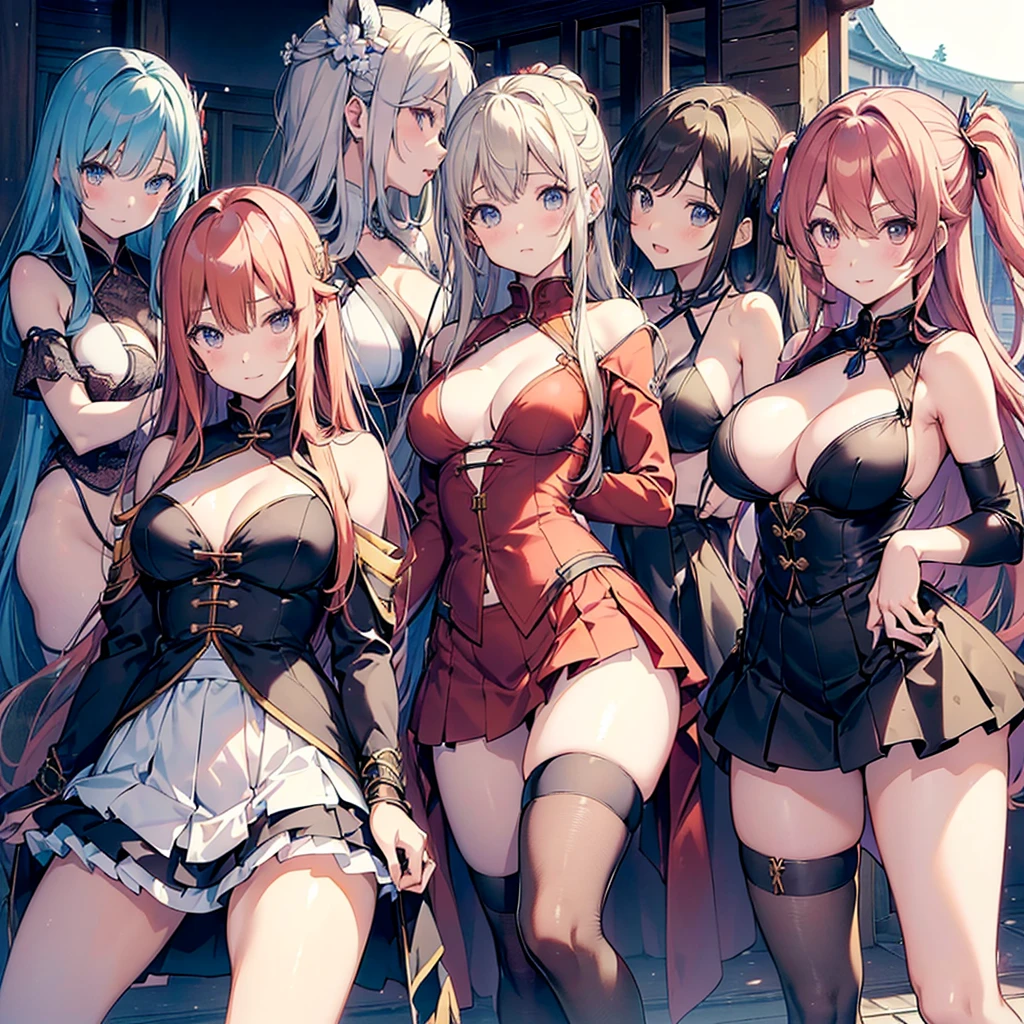 ((((Haremの4人のキャラクターが笑顔で描かれました))))、A group of female adventurers set in a medieval fantasy world,Dragon Quest、 (At the pub), Various Hair Styles, (Harem:1.5), night, detailed aspects, Extremely revealing clothing, (Clothes with very little fabric), High V-neck, No bra, No underwear, (Exposed breasts:1.2), (Exposed Skin:1.2), (Micro Mini Skirt), Seduce, Sleeveless、Showing her panties、Large Breasts、A little bigger ass、Waist、Pulling up her short skirt