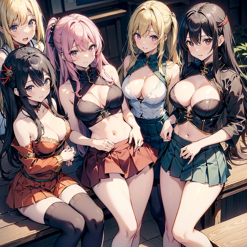 ((((Haremの4人のキャラクターが笑顔で描かれました))))、A group of female adventurers set in a medieval fantasy world,Dragon Quest、 (At the pub), Various Hair Styles, (Harem:1.5), night, detailed aspects, Extremely revealing clothing, (Clothes with very little fabric), High V-neck, No bra, No underwear, (Exposed :1.2), (Exposed Skin:1.2), (Micro Mini Skirt), Seduce, Sleeveless、Showing her pantiesBreasts、A litter ass、Waist、Pulling up  short skirt