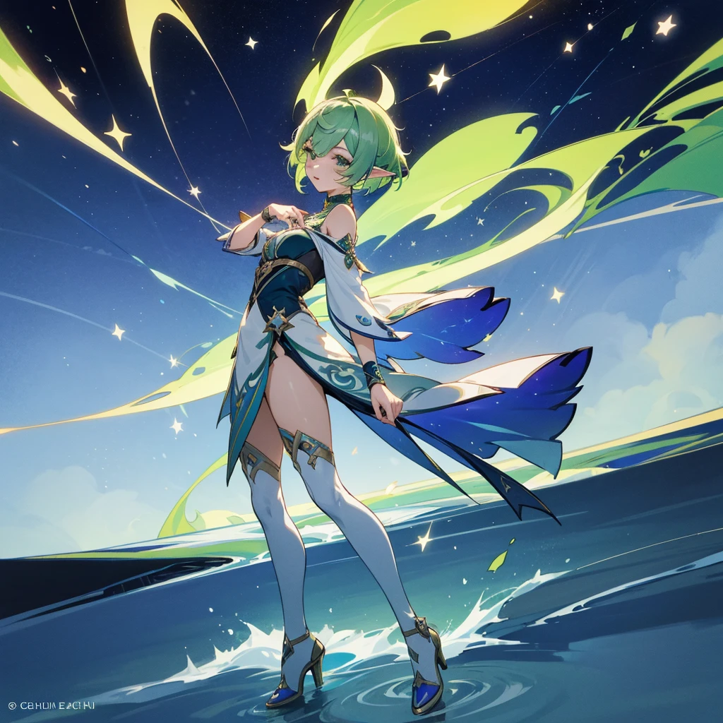 Pretty, beautiful, elf girl, elf, green hair, short hair, pretty hair, beautiful body, genshin impact design, fashion, fashion design, genshin impact, video game, full body, pretty face, starry clothes, star, Genshin Splash art.