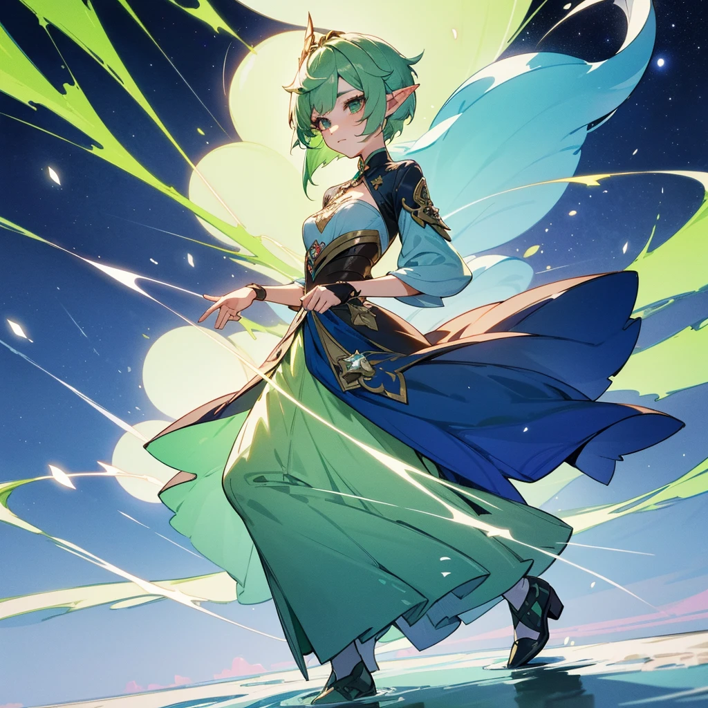 Pretty, beautiful, elf girl, elf, green hair, short hair, pretty hair, beautiful body, genshin impact design, fashion, fashion design, genshin impact, video game, full body, pretty face, starry clothes, star, Genshin Splash art.