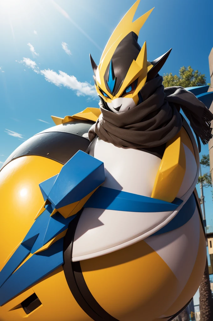Zeraora with a scarf and a hat on top of a giant pokeball