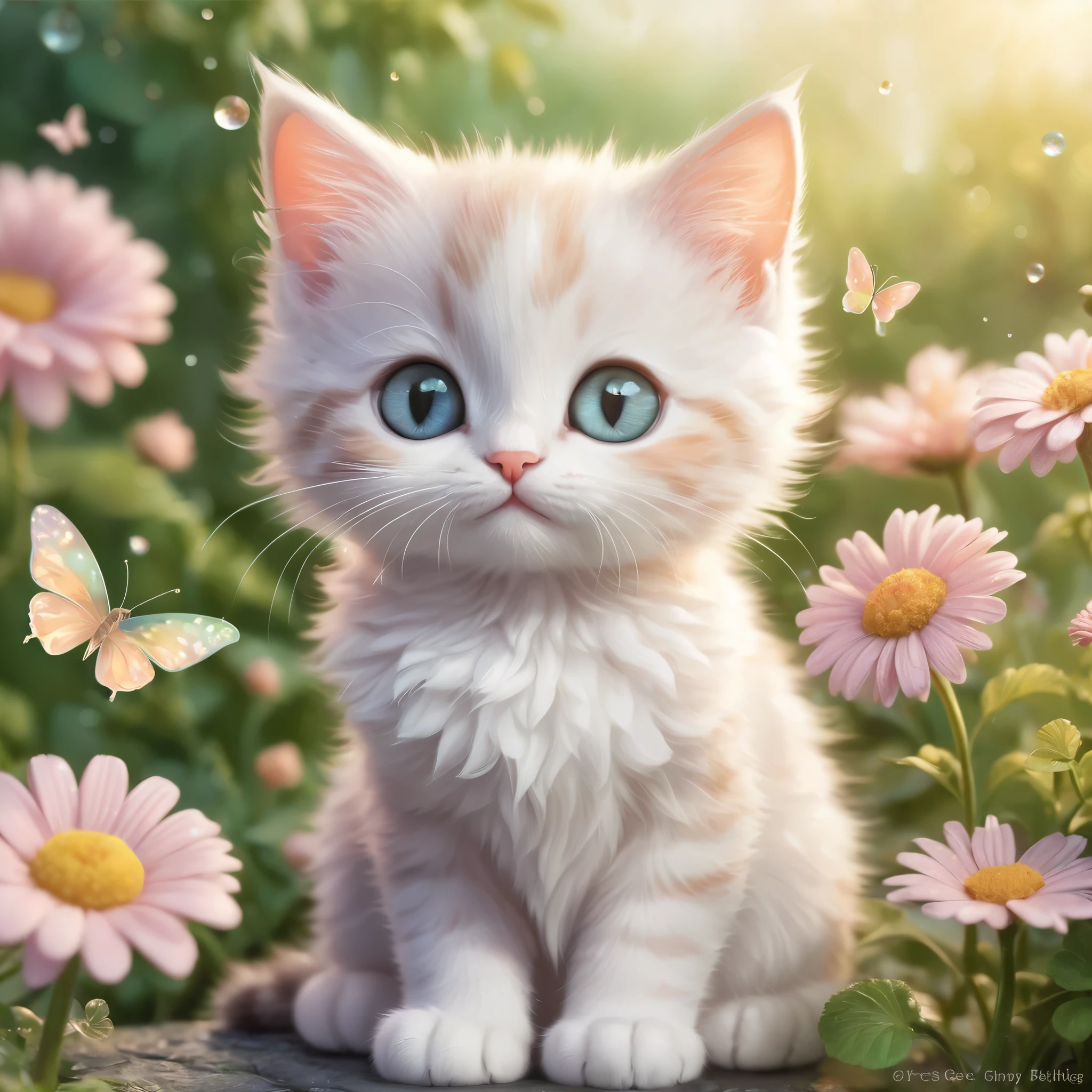 Create an incredibly charming and visually delightful image featuring an adorable cat. Picture a fluffy, wide-eyed kitten with a playful expression, sitting amidst a whimsical garden filled with oversized, colorful flowers and fluttering butterflies. The kitten's fur is soft and fluffy, with a unique pattern that makes it stand out. Surrounding the kitten are small, magical elements like glowing fireflies, tiny fairies, and sparkling dewdrops that add a touch of enchantment to the scene.
In the background, a cozy, picturesque cottage with a thatched roof and blooming vines can be seen, adding to the idyllic and magical atmosphere. The sky is a soft gradient of pastel colors, indicating either dawn or dusk, casting a gentle, warm light over the entire scene. The colors should be bright and cheerful, with a harmonious blend of natural tones and fantasy hues.
The entire image should evoke a sense of warmth, joy, and wonder, capturing the heart-melting cuteness of the kitten while immersing the viewer in a beautifully crafted, magical world.