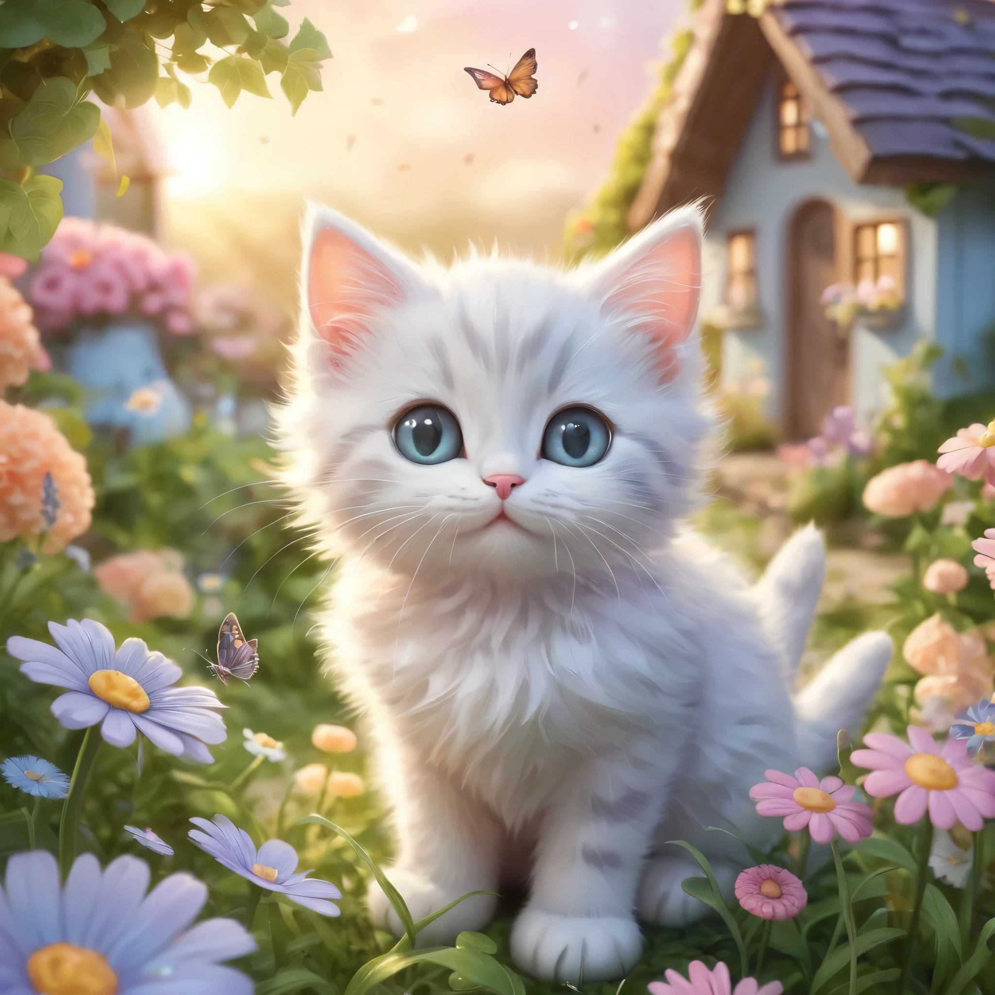 Create an incredibly charming and visually delightful image featuring an adorable cat. Picture a fluffy, wide-eyed kitten with a playful expression, sitting amidst a whimsical garden filled with oversized, colorful flowers and fluttering butterflies. The kitten's fur is soft and fluffy, with a unique pattern that makes it stand out. Surrounding the kitten are small, magical elements like glowing fireflies, tiny fairies, and sparkling dewdrops that add a touch of enchantment to the scene.
In the background, a cozy, picturesque cottage with a thatched roof and blooming vines can be seen, adding to the idyllic and magical atmosphere. The sky is a soft gradient of pastel colors, indicating either dawn or dusk, casting a gentle, warm light over the entire scene. The colors should be bright and cheerful, with a harmonious blend of natural tones and fantasy hues.
The entire image should evoke a sense of warmth, joy, and wonder, capturing the heart-melting cuteness of the kitten while immersing the viewer in a beautifully crafted, magical world.