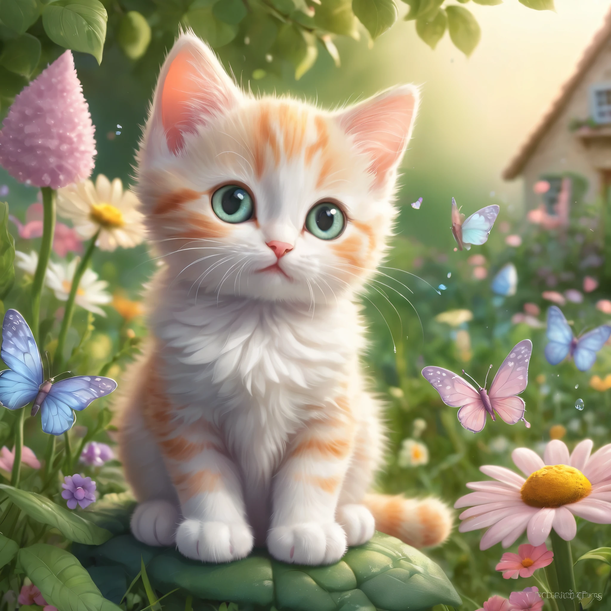 Create an incredibly charming and visually delightful image featuring an adorable cat. Picture a fluffy, wide-eyed kitten with a playful expression, sitting amidst a whimsical garden filled with oversized, colorful flowers and fluttering butterflies. The kitten's fur is soft and fluffy, with a unique pattern that makes it stand out. Surrounding the kitten are small, magical elements like glowing fireflies, tiny fairies, and sparkling dewdrops that add a touch of enchantment to the scene.

In the background, a cozy, picturesque cottage with a thatched roof and blooming vines can be seen, adding to the idyllic and magical atmosphere. The sky is a soft gradient of pastel colors, indicating either dawn or dusk, casting a gentle, warm light over the entire scene. The colors should be bright and cheerful, with a harmonious blend of natural tones and fantasy hues.

The entire image should evoke a sense of warmth, joy, and wonder, capturing the heart-melting cuteness of the kitten while immersing the viewer in a beautifully crafted, magical world.