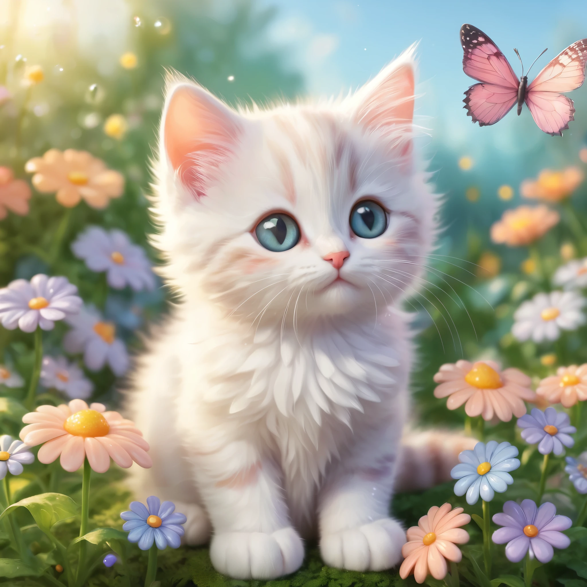 Create an incredibly charming and visually delightful image featuring an adorable cat. Picture a fluffy, wide-eyed kitten with a playful expression, sitting amidst a whimsical garden filled with oversized, colorful flowers and fluttering butterflies. The kitten's fur is soft and fluffy, with a unique pattern that makes it stand out. Surrounding the kitten are small, magical elements like glowing fireflies, tiny fairies, and sparkling dewdrops that add a touch of enchantment to the scene.
In the background, a cozy, picturesque cottage with a thatched roof and blooming vines can be seen, adding to the idyllic and magical atmosphere. The sky is a soft gradient of pastel colors, indicating either dawn or dusk, casting a gentle, warm light over the entire scene. The colors should be bright and cheerful, with a harmonious blend of natural tones and fantasy hues.
The entire image should evoke a sense of warmth, joy, and wonder, capturing the heart-melting cuteness of the kitten while immersing the viewer in a beautifully crafted, magical world.