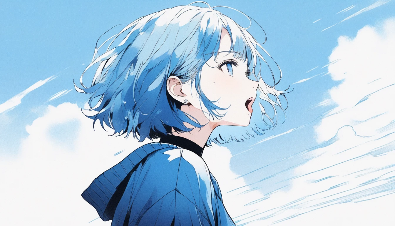 Illustrator, anime , Realistic ,sketch , Abstract sunshine background、Body、1 girl, ,Looking up at the sky, I scream、lip, sweater,order, White gradient background, Blue Hair,Short Bob、blackｔshirt、Textured Trim, Canadian, (masterpiece,Highest quality) Cancer