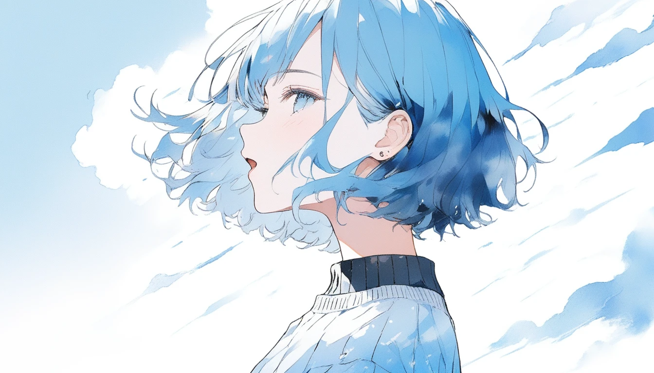 Illustrator, anime , Realistic ,sketch , Abstract sunshine background、Body、1 girl, ,Looking up at the sky, I scream、lip, sweater,order, White gradient background, Blue Hair,Short Bob、blacktshirt、Textured Trim, Canadian, (masterpiece,Highest quality) Cancer