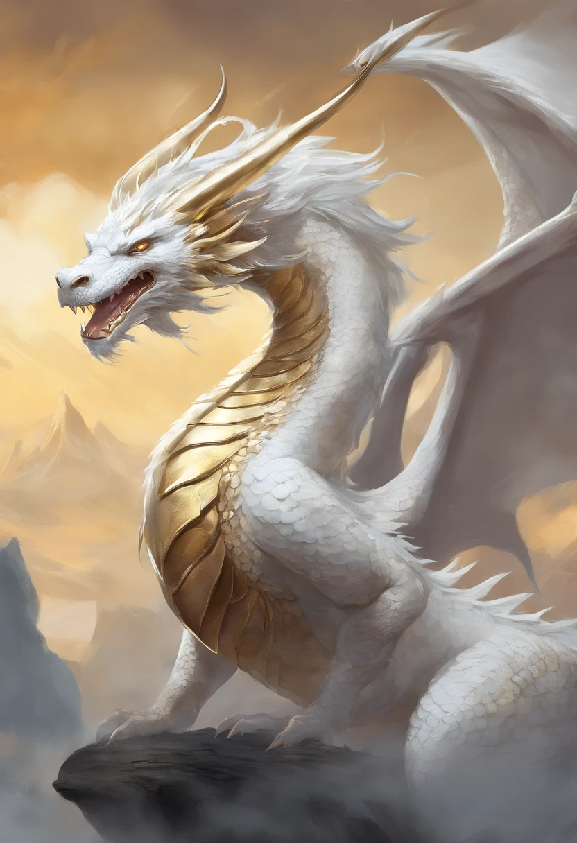 White dragon with smooth scales and golden tones, chifres irregulares, an angel's areola on the hair