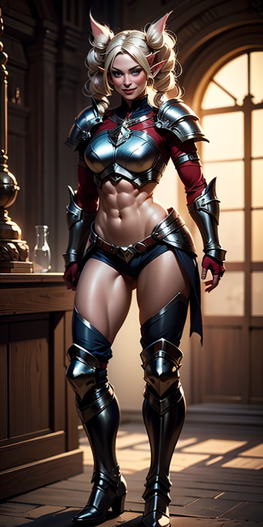 full body, RED breastplate, RED skin, looking at viewer, shiny,armor, thighhighs, high boots,shoulder armor, faulds, poleyn, gloves, gauntlets, Rerebrace armored boots, pauldrons,(masterpiece, best quality, ultra-detailed, best shadow) yordle (1girl)( RED skin:1.2) pointy ears muscular lean platinum blonde long twin-tails hairstyle at the office lustful smirking smile face red blushed, blush, strong abs, female body builder, tiara, twin drills hair