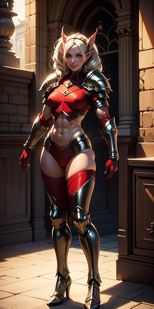 full body, RED breastplate, RED skin, looking at viewer, shiny,armor, thighhighs, high boots,shoulder armor, faulds, poleyn, gloves, gauntlets, Rerebrace armored boots, pauldrons,(masterpiece, best quality, ultra-detailed, best shadow) yordle (1girl)( RED skin:1.2) pointy ears muscular lean platinum blonde long twin-tails hairstyle at the office lustful smirking smile face red blushed, blush, strong abs, female body builder, tiara, twin drills hair