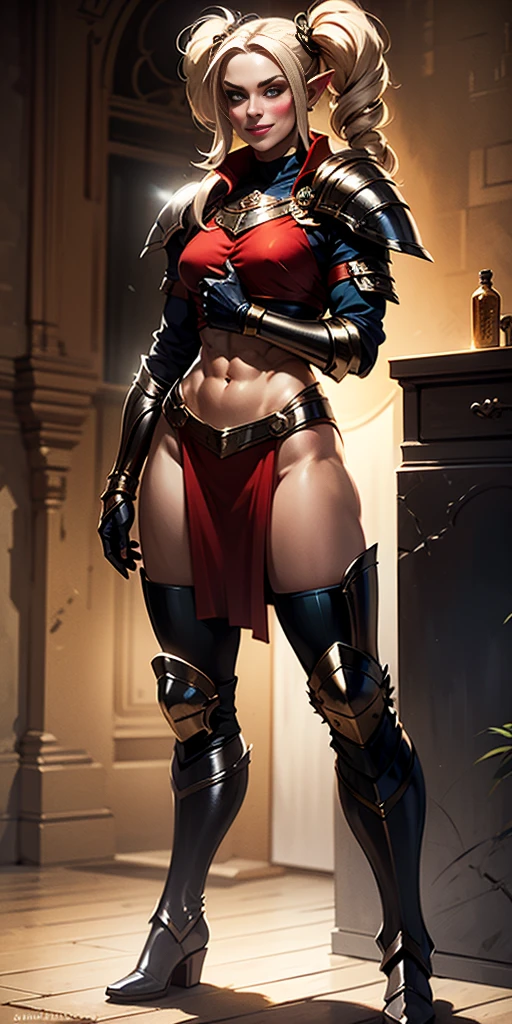 full body, RED breastplate, RED skin, looking at viewer, shiny,armor, thighhighs, high boots,shoulder armor, faulds, poleyn, gloves, gauntlets, Rerebrace armored boots, pauldrons,(masterpiece, best quality, ultra-detailed, best shadow) yordle (1girl)( RED skin:1.2) pointy ears muscular lean platinum blonde long twin-tails hairstyle at the office lustful smirking smile face red blushed, blush, strong abs, female body builder, tiara, twin drills hair