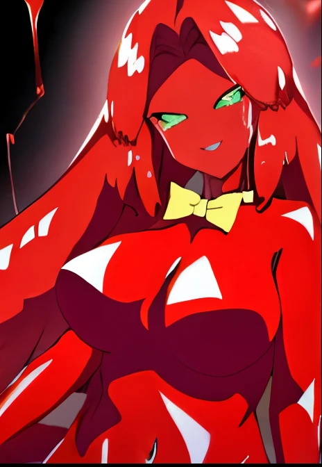 masterpiece,highest quality,Very delicate,Perfect Face,8k, Red Slime Body, Green Eyes, Yellow bow tie,jamanen:1.3,(Melting legs, Dissolves hair) ,Big Breasts,Long Hair,Shaking body,Shiny body,Muddy background,smiling,full body