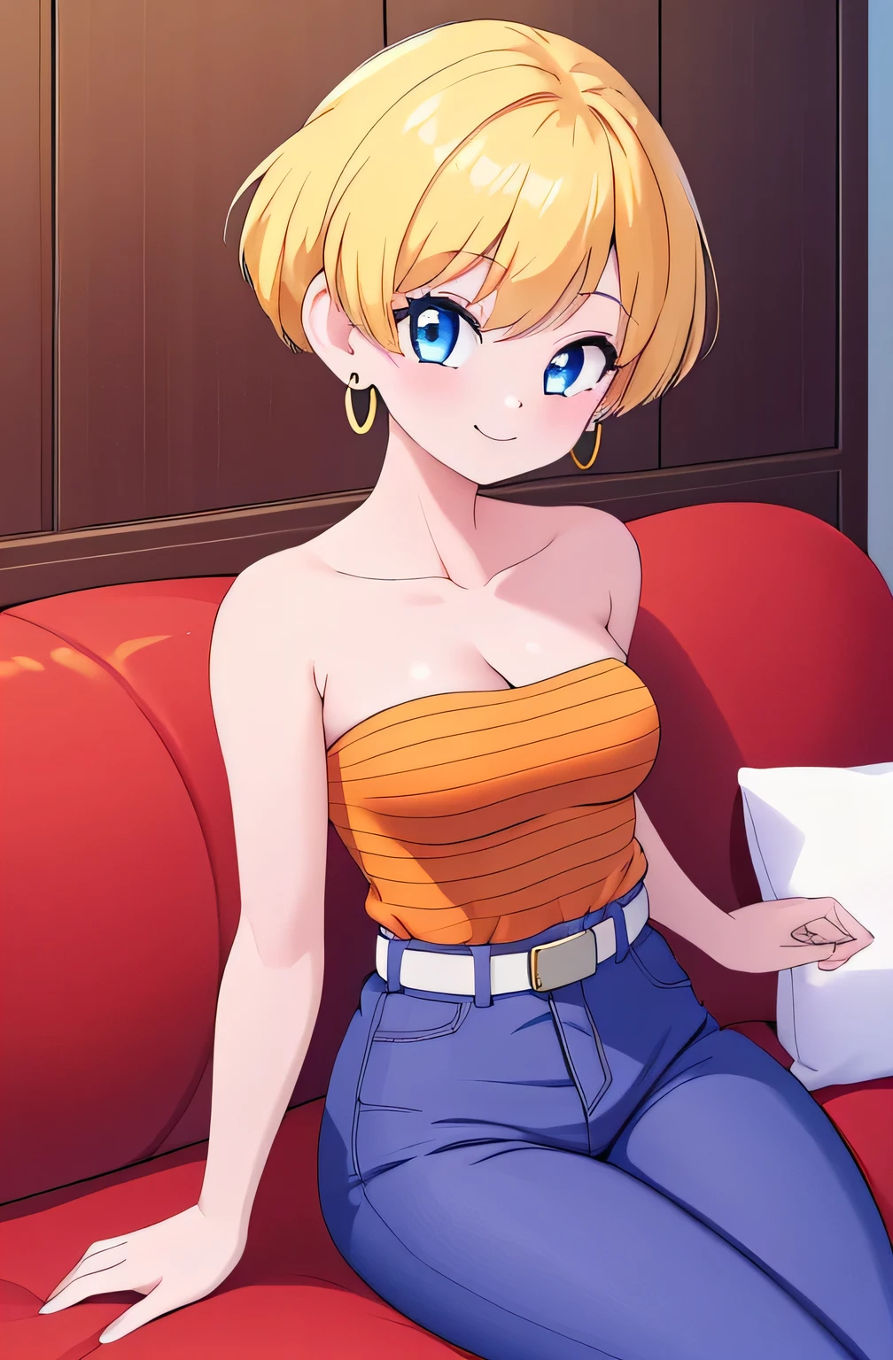 (Best Quality, Masterpiece:1.4), (Absurdres:1.2), 1 girl, Solo, erasa, blonde hair, blue eyes, earrings, orange shirt, striped, strapless, cleavage, white belt, purple pants, small breasts, sitting on a couch, indoor room, smile, looking at viewer, cowboy shot
