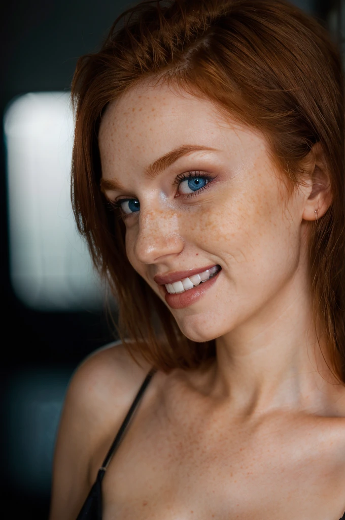 Hyper-realistic photography of a super cute Irish redhead with dark theme, freckles, thin nose, porous skin and short hair. (full body), (large flared bare breasts, (small, slim waist, slim body), hard nipple with realistic details, blue eyes, big eyes, detailed eyes, realistic skin, epic realism, HDR: 1.5, skin detail epic, (lustful smile, seductive look, perfect teeth), (8k, RAW photo, maximum quality),