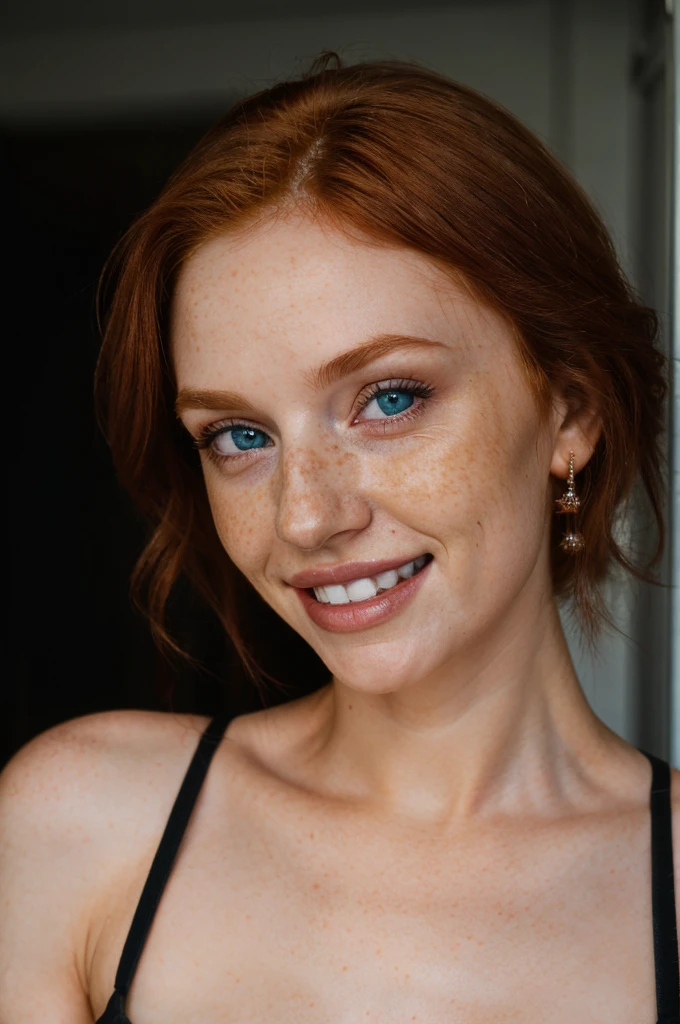 Hyper-realistic photography of a super cute Irish redhead with dark theme, freckles, thin nose, porous skin and short hair. (full body), (large flared bare breasts, (small, slim waist, slim body), hard nipple with realistic details, blue eyes, big eyes, detailed eyes, realistic skin, epic realism, HDR: 1.5, skin detail epic, (lustful smile, seductive look, perfect teeth), (8k, RAW photo, maximum quality),