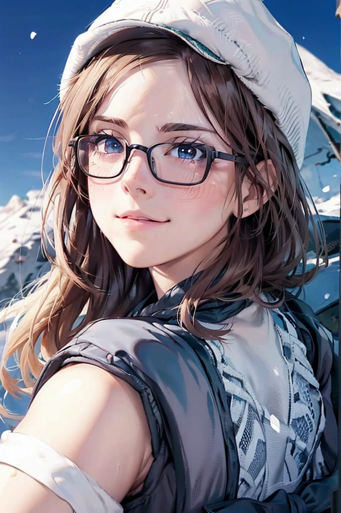 最high quality, high quality, High resolution, high quality texture, high quality shadows, High resolution, Beautiful details, Detailed CG, Detailed Texture, Realistic representation of face, Realistic, colorful, delicate, Cinematic Light, Side light, Lens flare, Ray Tracing, sharp concentrated, (1 Girl,concentrated:1.3), ( Intricate details, compensate, PureErosFaceV1:0.5), (細部まで美しいdelicateな顔, 緻密で美しいdelicateな瞳, Perfect Facial Proportions, Dense skin, Optimal ratio of four fingers to one thumb, Beautiful breasts, Beautiful Hips, Smooth upper abdomen, Blue Eyes Glasses blush Looking up Shy laugh 30 years old Winter clothing Thermal pants Woolen hat gloves Mountaineering backpack Glasses blush Looking up Alaska Glacier Snowstorm adventurous journey Deep love and trust blush Master、really like。love you。