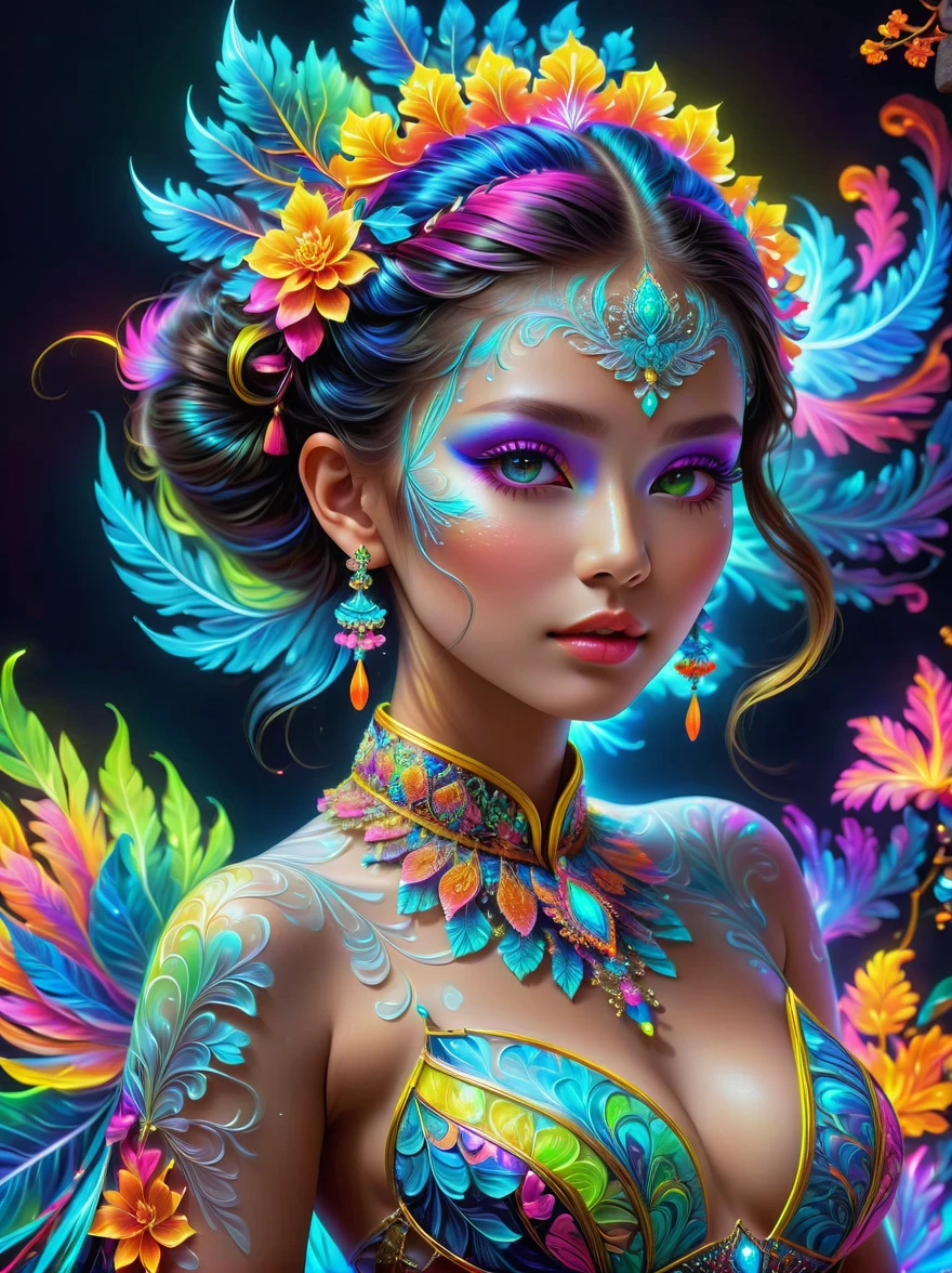 (masterpiece, Top quality, Best quality, Official Art, Beauty and aesthetics), (1girl:1.3), Extremely detailed, (Fractal Art:1.2), colorful, Highest detail, (禅绕画Neon:1.2), (Dynamic poses), (抽象的背景Neon:1.5), (Traditional clothing:1.2), (Shiny neon skin), (multiple colour:1.4), Neon, 8k, Full HD, transparent, Body painting, 1nhdg1