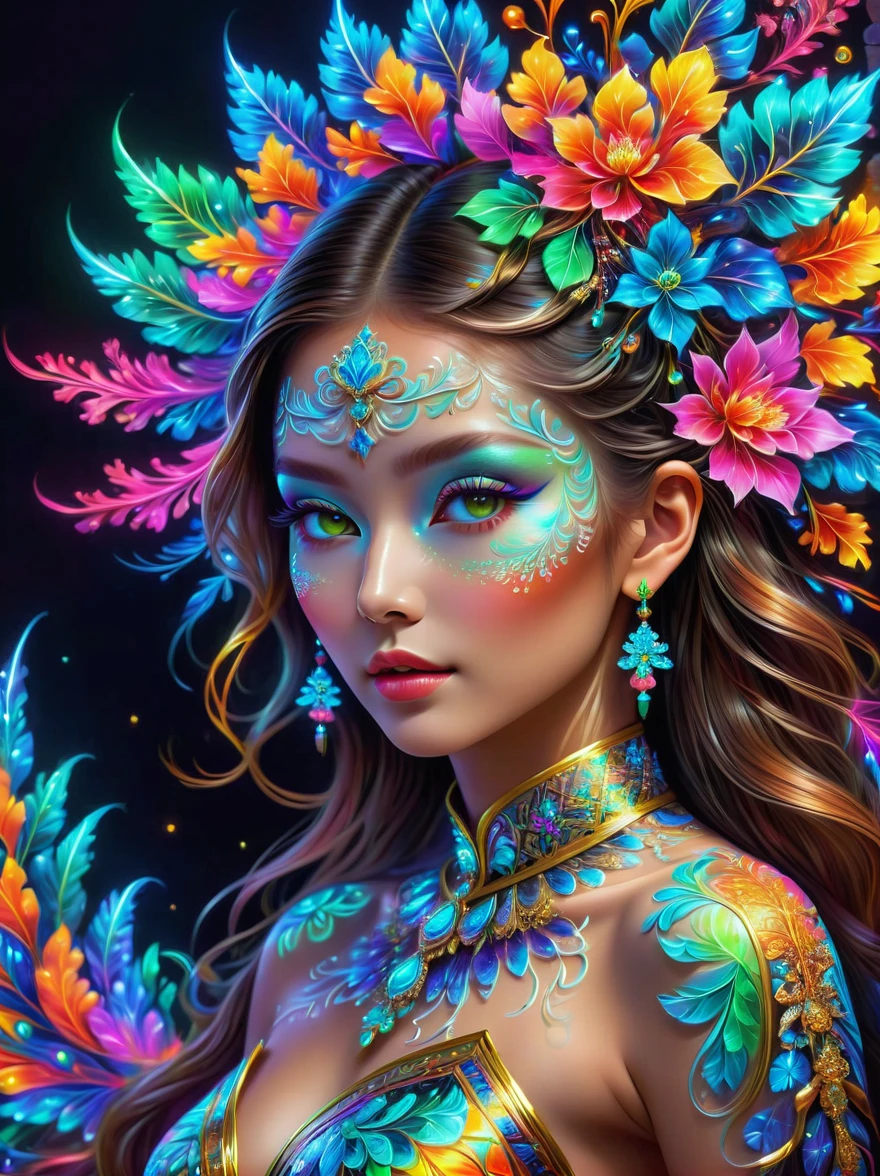 (masterpiece, Top quality, Best quality, Official Art, Beauty and aesthetics), (1girl:1.3), Extremely detailed, (Fractal Art:1.2), colorful, Highest detail, (禅绕画Neon:1.2), (Dynamic poses), (抽象的背景Neon:1.5), (Traditional clothing:1.2), (Shiny neon skin), (multiple colour:1.4), Neon, 8k, Full HD, transparent, Body painting, 1nhdg1