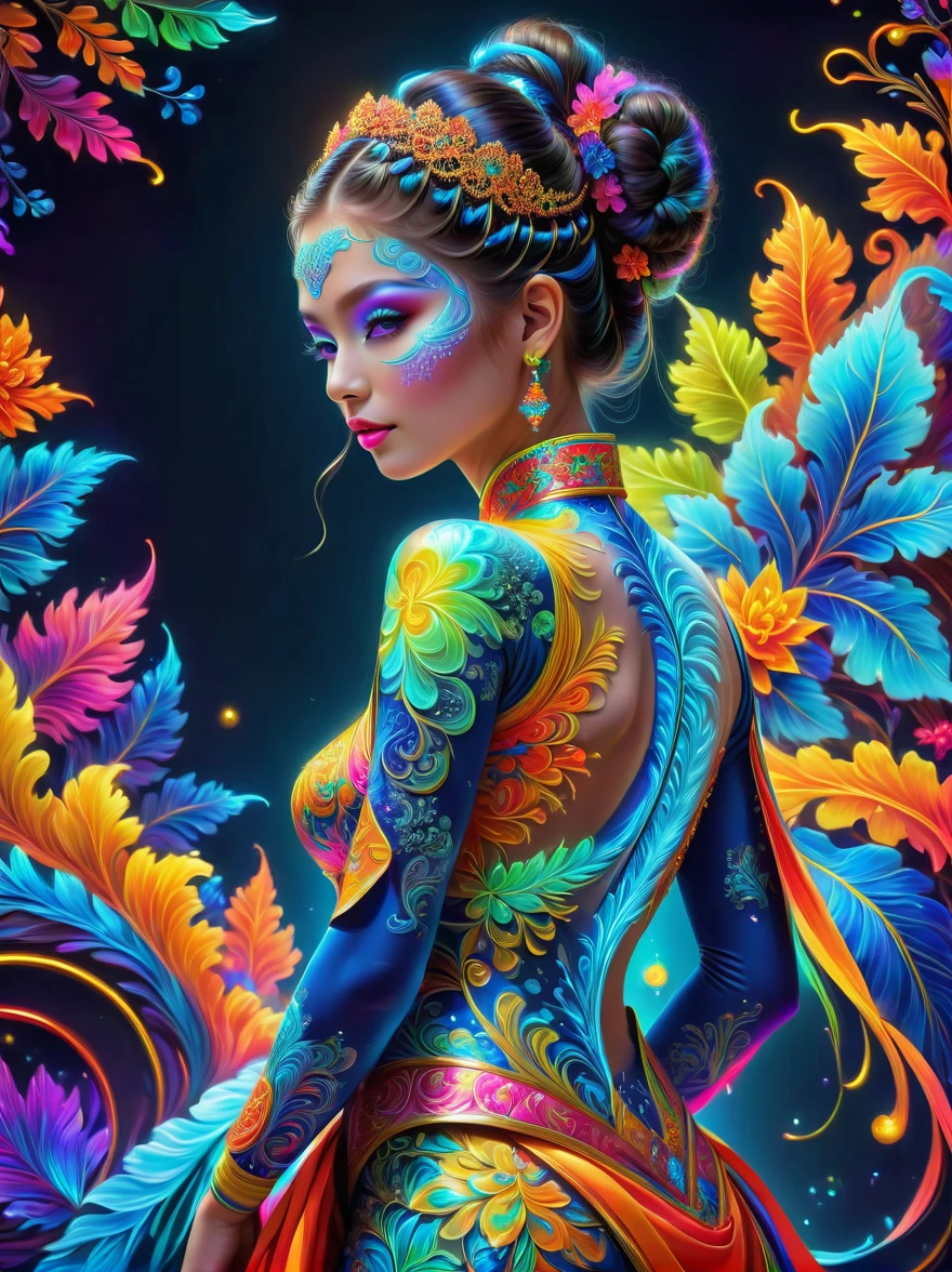 (masterpiece, Top quality, Best quality, Official Art, Beauty and aesthetics), (1girl:1.3), Extremely detailed, (Fractal Art:1.2), colorful, Highest detail, (禅绕画Neon:1.2), (Dynamic poses), (抽象的背景Neon:1.5), (Traditional clothing:1.2), (Shiny neon skin), (multiple colour:1.4), Neon, 8k, Full HD, transparent, Body painting, 1nhdg1