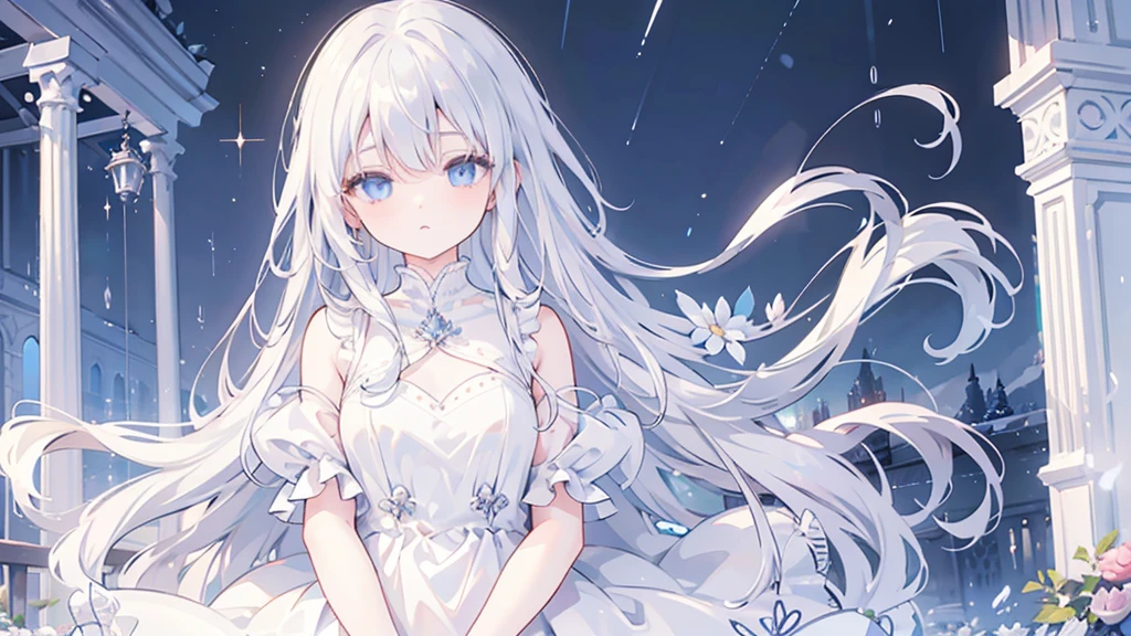 silver hair, hair over eyes, jewelry, sad, parted lips, crossed bangs, floating hair, crystal hair, empty eyes, wince, Renaissance, sparkle, masterpiece, best quality,White Dress,Girl,blue eyes,rain,night,whole body,garden