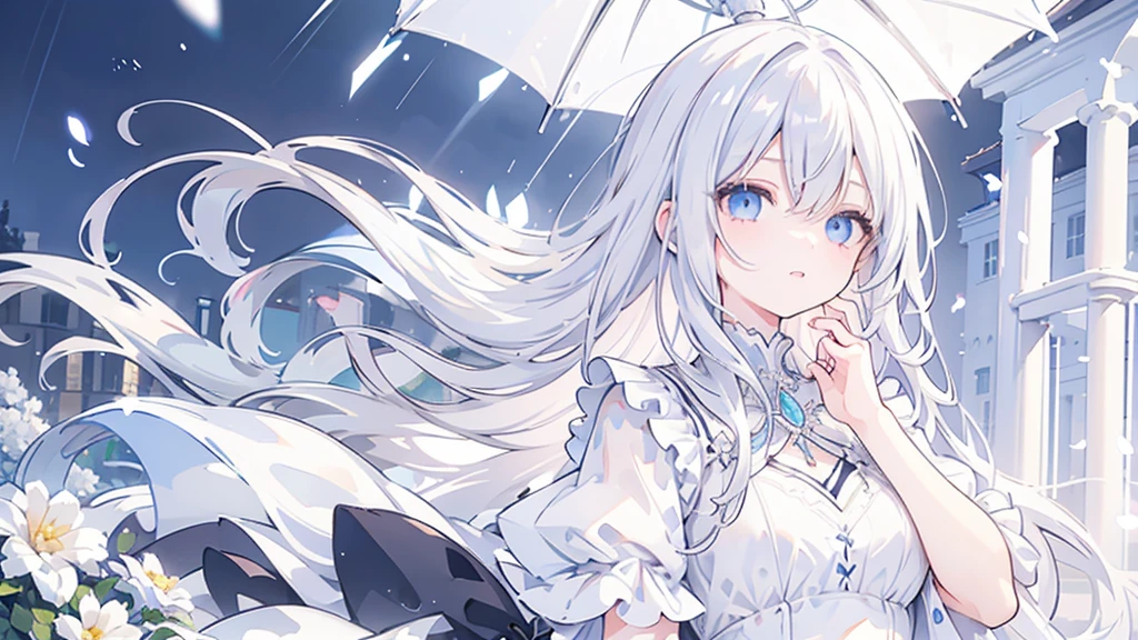silver hair, hair over eyes, jewelry, sad, parted lips, crossed bangs, floating hair, crystal hair, empty eyes, wince, Renaissance, sparkle, masterpiece, best quality,White Dress,Girl,blue eyes,rain,night,whole body,garden