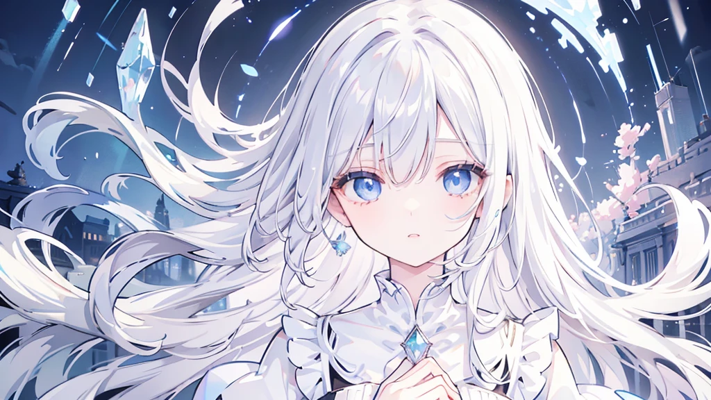 silver hair, hair over eyes, jewelry, sad, parted lips, crossed bangs, floating hair, crystal hair, empty eyes, wince, Renaissance, sparkle, masterpiece, best quality,White Dress,Girl,blue eyes,rain,night,whole body,garden