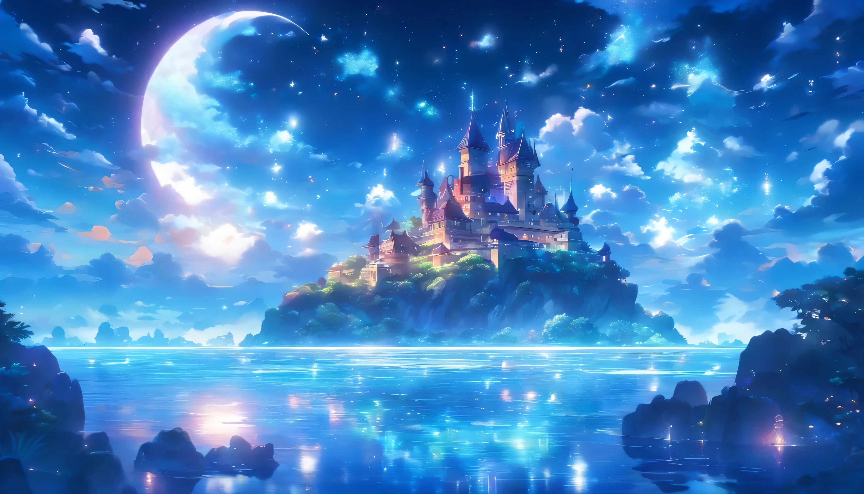 A small island in the sky、((An island made of ice crystals ))、((Big Moon))、(((Moonlight reflecting off the sea)))、midnight、Sparkling starry sky、shooting star、((The Queen's Castle on a Deserted Island))、Transparent Prism、crystal、Various colors mix together、(Colorful light)、((Background: Magnificent ocean and night sky))
、((Pure white nature))、((Overall pale glow))
(The sea sparkles like a jewel)、((Pure white cloudidnight、(Beautiful little castle)、((A castle made of snowflakes))、((A long, narrow island))