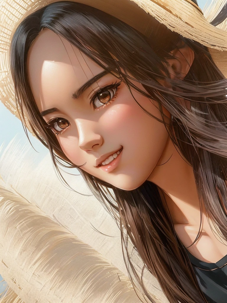 anime girl with long black hair wearing a straw hat, anime style 4 k, beautiful anime portrait, anime moe artstyle, anime art wallpaper 4k, anime art wallpaper 4 k, high quality anime artstyle, anime style portrait, guweiz, artwork in the style of guweiz, detailed digital anime art, anime art wallpaper 8 k, cute anime girl portraits