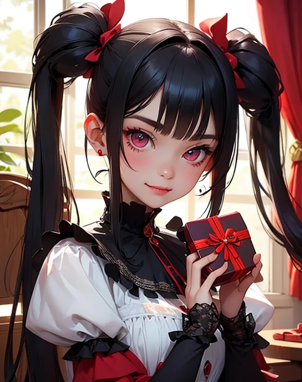 Tabletop, Highest quality, (Perfect Face:1.1), (Attention to detail:1.1), (Ultra-detailed eyes), dramatic, Ultra-thin illustration, Very detailed,Black Hair,Red eyes,girl,room,Open a gift,smile,Gothic Lolita, Frills, ribbon,Headdress,Red dress,Twin tails