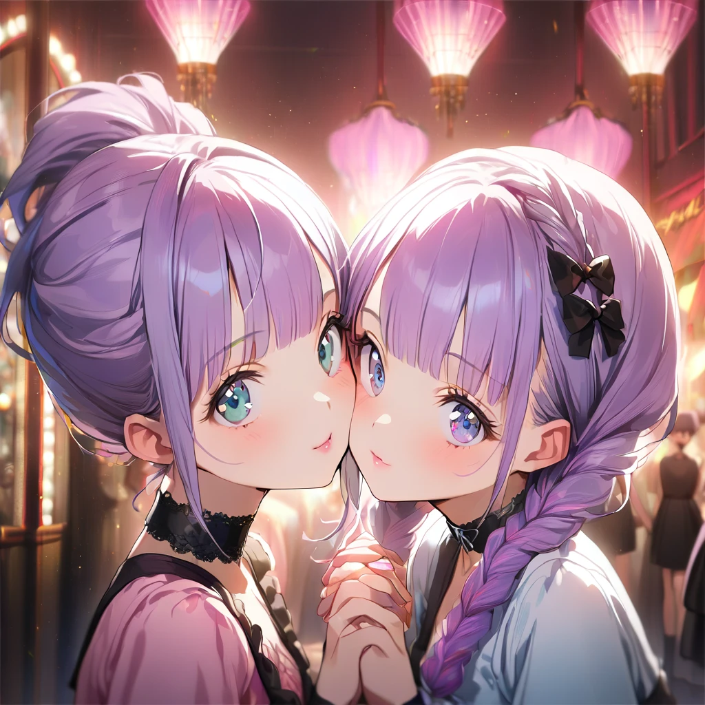 ( 2girls:1.5), (Twin girls, the same face, the same hairstyle, the same eyes, symmetrical posture, cheek-to-cheek,holding hands:1.5).2girls with closs hair pin,pale purple hair,wavy two braids,blunt bangs hair,green and black eyes,girls are wearing
pink shirt,cosplay, jirai kei, bangs, black skirt, black bow, looking at viewer, bow, long sleeves, choker, ribbon,pink lips, :1.4), (masterpiece:1.3), anime visual, (Lovey-dovey:1.5), (tilt head:1.3), extremely delicate face, soft clean focus, realistic lighting and shading, (an extremely delicate and beautiful art:1.3), elegant, (muted colors:1.1), small breast,slim,The Moulin Rouge in Paris, mysterious pink light, a slightly dark room,,smiling,night lit,