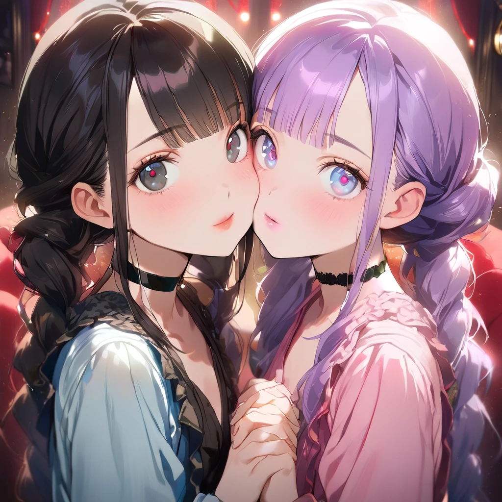 ( 2girls:1.5), (Twin girls, the same face, the same hairstyle, the same eyes, symmetrical posture, cheek-to-cheek,holding hands:1.5).2girls with closs hair pin,pale purple hair,wavy two braids,blunt bangs hair,green and black eyes,girls are wearing 
pink shirt,cosplay, jirai kei, bangs, black skirt, black bow, looking at viewer, bow, long sleeves, choker, ribbon,pink lips, :1.4), (masterpiece:1.3), anime visual, (Lovey-dovey:1.5), (tilt head:1.3), extremely delicate face, soft clean focus, realistic lighting and shading, (an extremely delicate and beautiful art:1.3), elegant, (muted colors:1.1), small breast,slim,The Moulin Rouge in Paris, mysterious pink light, a slightly dark room,,smiling,night lit,