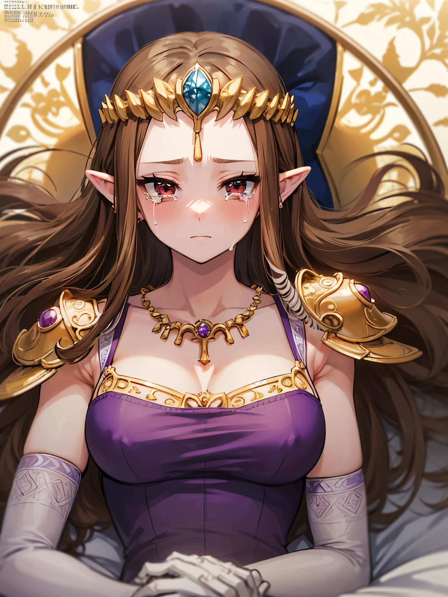 ((((((Expressionless)))))),((((Show your armpits)))))),((upper body)),((Crying)),((Lying in bed)),Anime art style,masterpiece,(Highest quality), (Super detailed),(Very delicate and beautiful),(alone),((Close both eyes))),(A truly gorgeous jeweled ruffled rococo ball gown dress),(((Mature Woman,Queen))),((1 Queen in a beautiful embroidery and jeweled absolutely gorgeous rococo ballgown dress with voluminous full length hoop skirt)),((crinoline)),Very detailedな絶対にゴージャスなロココボールガウンdressとフリルのボリュームのあるフルレングスのフープスカート,((Lots of straight hair,Very long straight hair with great volume,Super long straight hair)),,Cleavage,(bed),length_gloves,Very gorgeous hair ornament,Sparkling、A very gorgeous jewel-encrusted tiara,((Gorgeous Glitter Jewelry)),Full body portrait,((bangs)),((Golden hair ornament)),((((Front Face)))),((((Adult Expressions)))),((((Beautiful Face)))),((((dress)))),(()),(((Long Hair)))),((((Straight hair)))),((Cleavage)),((((Dark brown hair)))),Princess Zelda,((chest is slightly exposed)), ((Highest quality)),,(Very detailed) ,((Purple blouse)),((Put your arms behind your back)),Brown Hair,((Embarrassed look)),Blushing, ((Highest quality)), (Very detailed),((detailed)),(((pray))),Nintendo, The Legend of Zelda),Crying face,Blushing,((alone)), ((Highest quality)), (Very detailed), ,