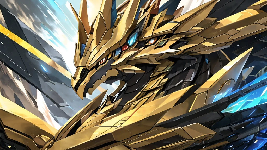 Close-up of an object like,Its body is shining, Gold Paladin, Dragon Portrait, Cool mech style, Detailed anime artwork, Well-armored mechanical dragon, Detailed anime art, Anime Abstract Art, Detailed key animation art, Anime mecha aesthetics, Detailed digital anime art