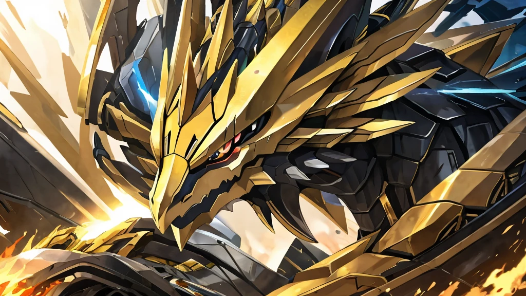 Close-up of an object like,Its body is shining, Gold Paladin, Dragon Portrait, Cool mech style, Detailed anime artwork, Well-armored mechanical dragon, Detailed anime art, Anime Abstract Art, Detailed key animation art, Anime mecha aesthetics, Detailed digital anime art