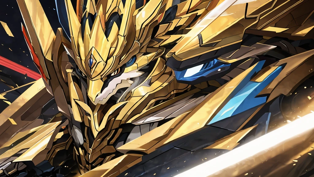 Close-up of an object like,Its body is shining, Gold Paladin, Dragon Portrait, Cool mech style, Detailed anime artwork, Well-armored mechanical dragon, Detailed anime art, Anime Abstract Art, Detailed key animation art, Anime mecha aesthetics, Detailed digital anime art