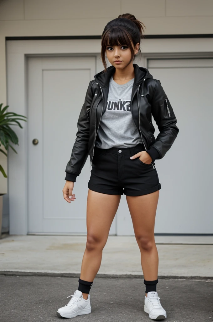 Haz una figura de anime que utilize una chaqueta de cuero negra y unos shorts color caqui 