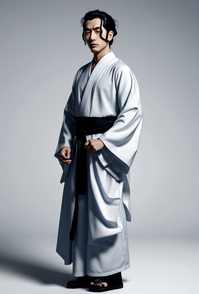 high resolution, Japanese Yokai、Arabian man in a kimono with a white face and black clothes, Whitewashed face, Handsome Japanese Devil Boy,ryoute Works inspired by Kano Hogai, Full Body Art, 4k yen, Japanese style, japanese gothic