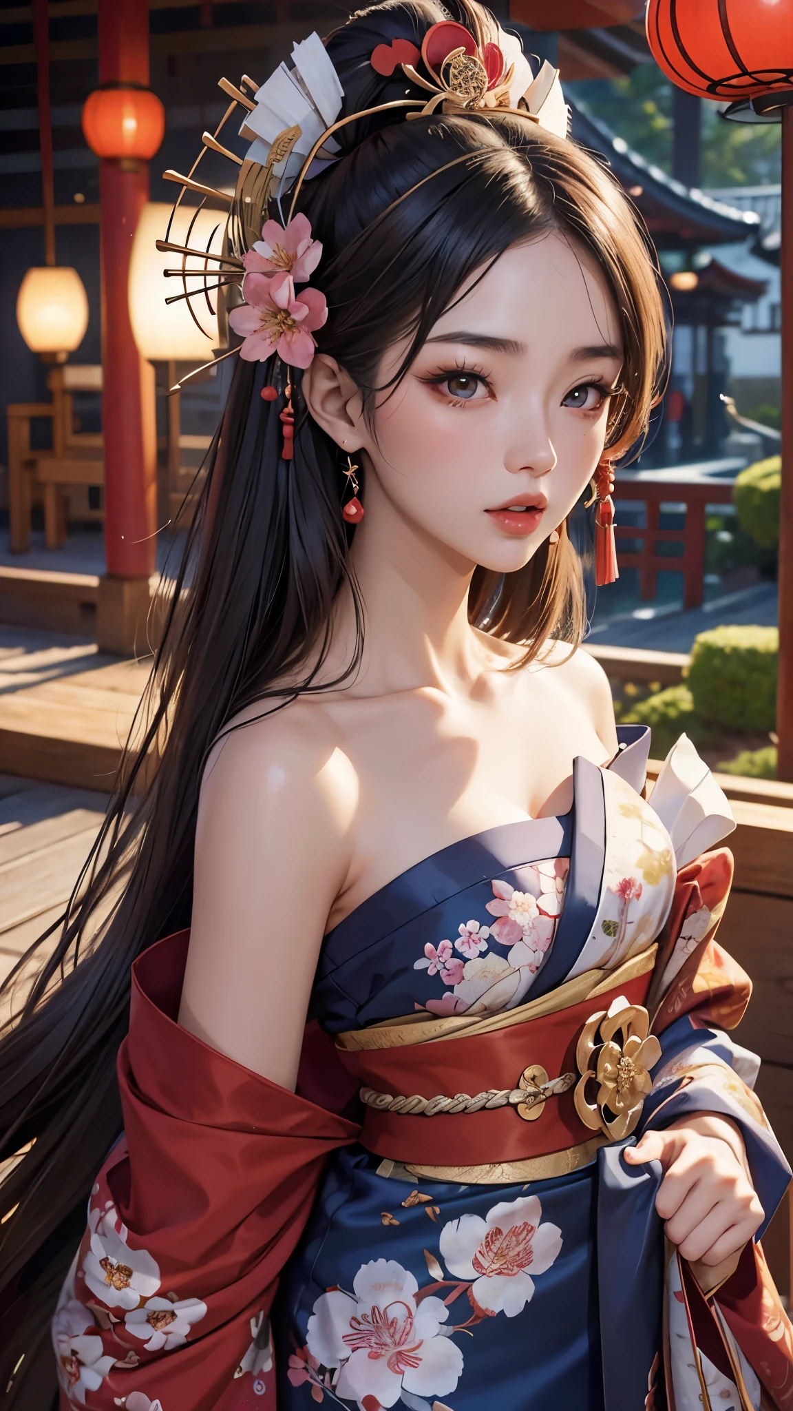 sexy asian girl, 1girl, japanese geisha, 20 years old, face close up, half body portrait, (geisha hairstyle), big brown eyes, nihongami, geisha makeup, modest look, seducing viewer, hearts, posing, sexy pose, solo, blue floral kimono, off shoulder, bonsai, sakura, cherry blossom, submission, sunset, flowers, plants, cinematic lightings