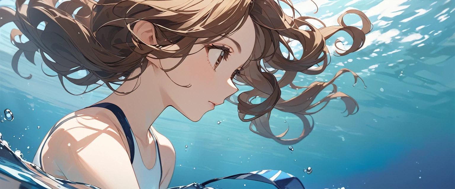 (Highest quality、Very detailed、Very detailed and beautiful、Ultra-high resolution) 、In the water、Swimming girl、{Brown Hair、short hair、Wavy Hair、Curly Hair、Low Twintails}, White one piece swimsuit、Competitive swimming suits、Small breasts, from side