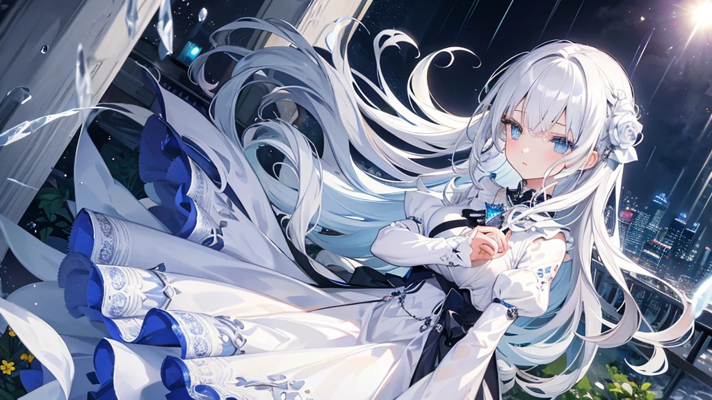 silver hair, hair over eyes, jewelry, sad, parted lips, crossed bangs, floating hair, crystal hair, empty eyes, wince, Renaissance, sparkle, masterpiece, best quality,White Dress,Girl,blue eyes,rain,night,whole body,garden