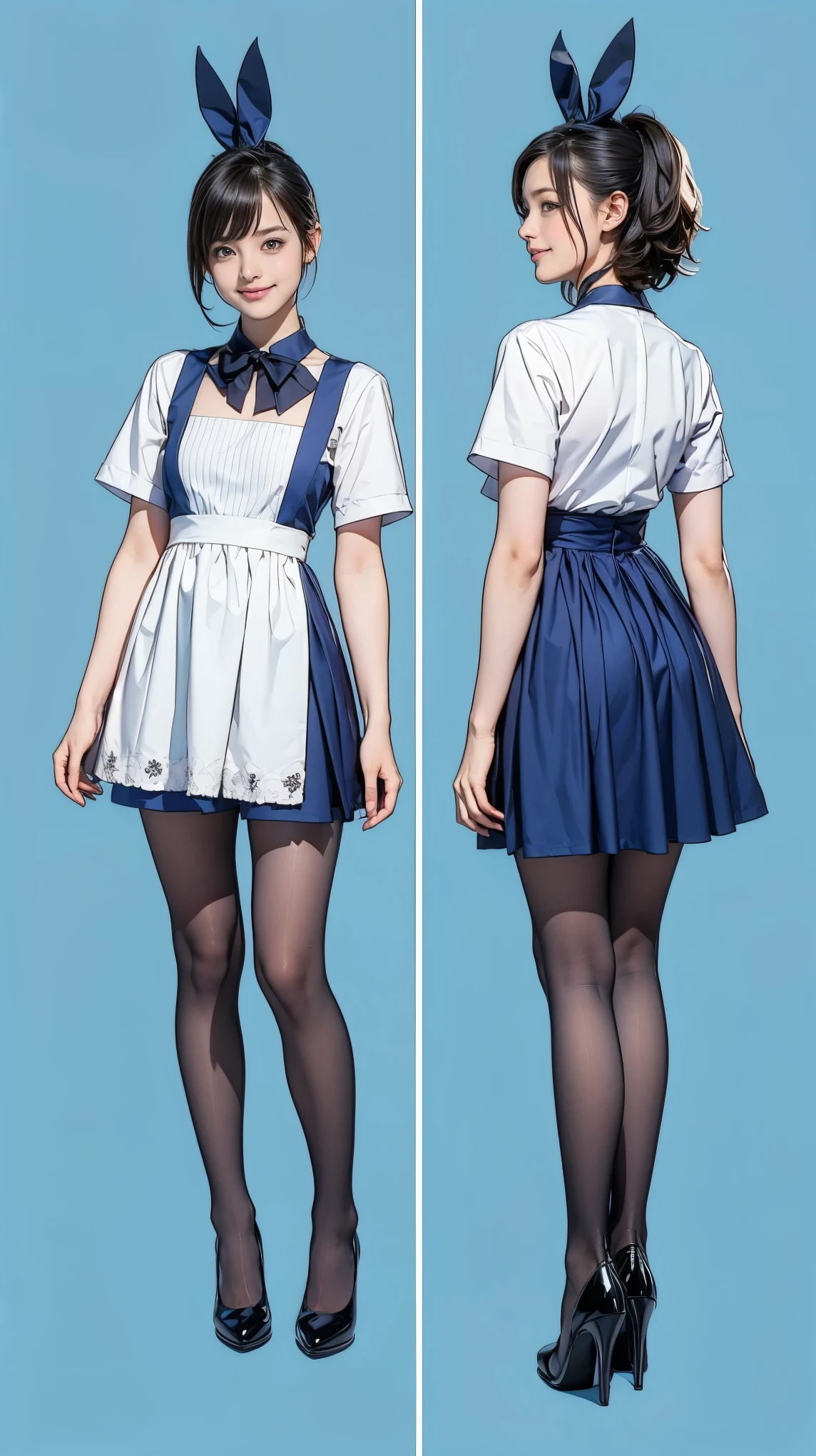 ((masterpiece)),(((Highest quality))),((Character design sheet)),Thin thighs,Long legs,Bunny girl in a light blue maid outfit:1.5,Wearing light blue tights:1.5,The best smile:1.5,Full Body Shot:1.5,Gray background:1.5,Wearing black high heels:1.5,short cut side waves:1.5,