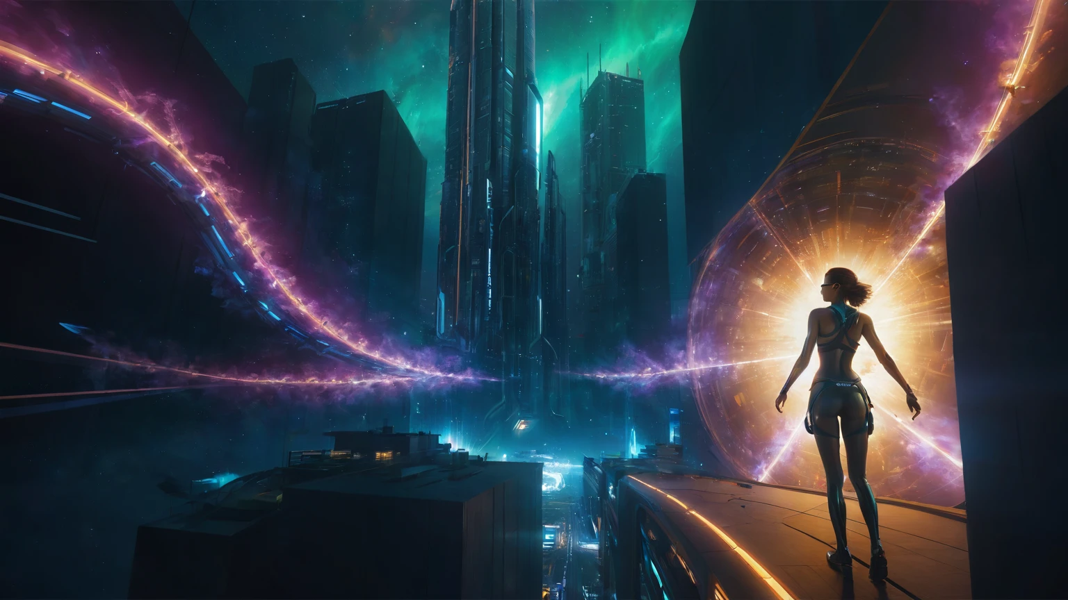 brightly colored abstract image of a space station with a spiral, epic beautiful space scifi, chaotic cinematic space rift, greg beeple, (((((flying cars, 1drone))))), planets colliding, beeple and tim hildebrandt, beeple and jean giraud, end of the universe, galaxy space sci-fi, ringworld, by Mike "Beeple" Winkelmann. Matrix style, (((((Matrix cascading code))))), (((((a futuristic twin tower skyscraper with a unique twisted design))))), (((((OLED GUI interfaces in the building))))), at night, (((((1girl, solo))))), photo realistic, (((large-breast:1.2 slim body, cleavage))), (((off broken mini sling-shirt and black sling bra, extreamly short pleated miniskirt exposing panty))), (((((running pose))))), (((((((matrix style black micro sunglasses))))))), ((((((((((aiming with a short gun)))))))))), (((((looking at camera))))), (((very low view))), (((((half-body thigh level medium shot))))), (((cinematic lighting))).