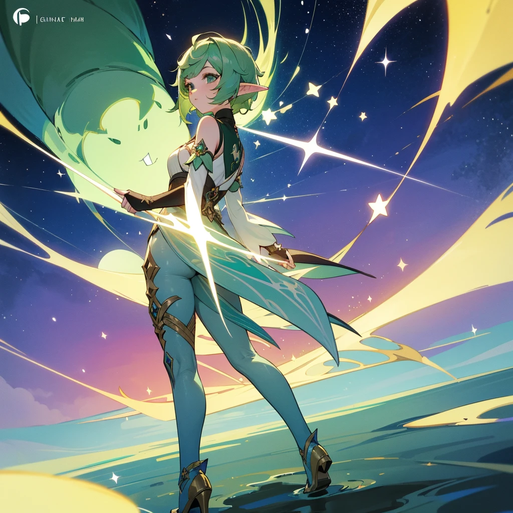 Pretty, beautiful, elf girl, elf, green hair, short hair, pretty hair, beautiful body, genshin impact design, fashion, fashion design, genshin impact, video game, full body, pretty face, starry clothes, star, Genshin Splash art.
