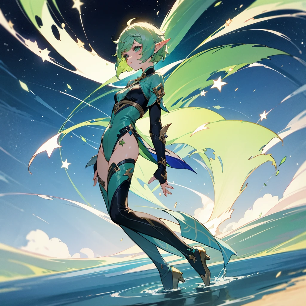 Pretty, beautiful, elf girl, elf, green hair, short hair, pretty hair, beautiful body, genshin impact design, fashion, fashion design, genshin impact, video game, full body, pretty face, starry clothes, star, Genshin Splash art.