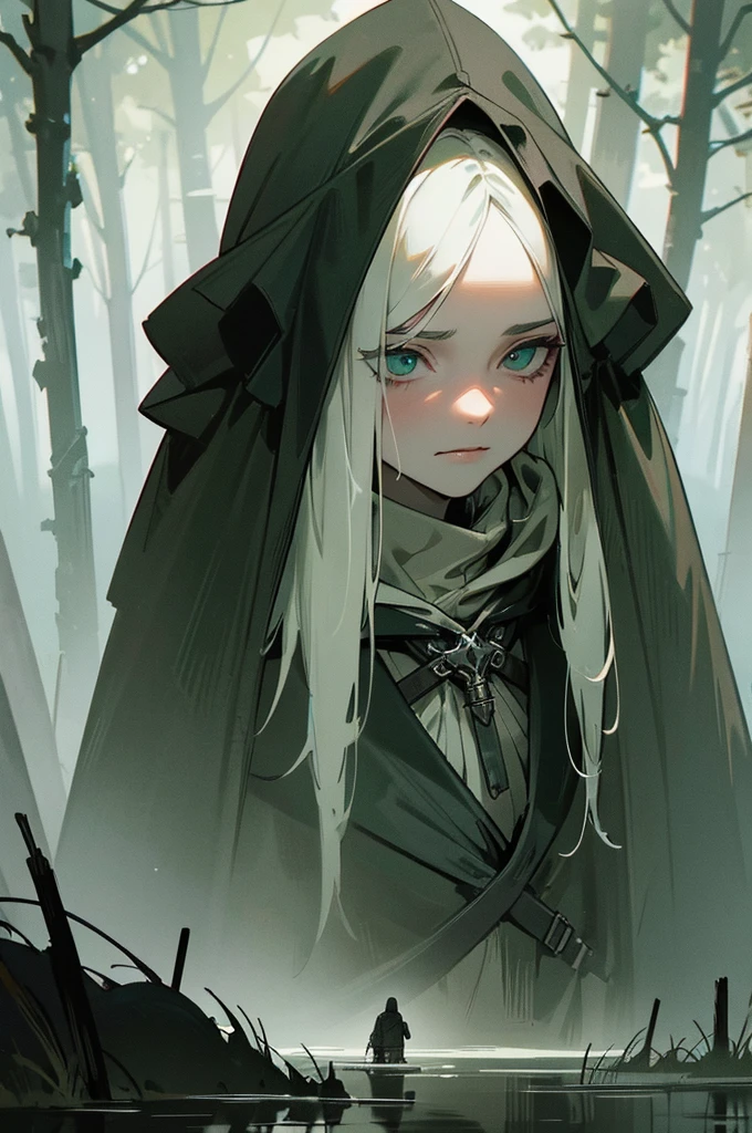 (masterpiece), best quality, a hooded witcher in a swamp, hood, spectral, coat, dark florest,mud, dirty water,green, gorgeous landscape, dangerous vibes, scary, green spectral, fog, no_humans, haunted place, 4k, wallpaper, award winner, fantasy, perfect light, dramatic light, epic, BREAK the image transmit dark feelings, an ominous florest, hidden danger,