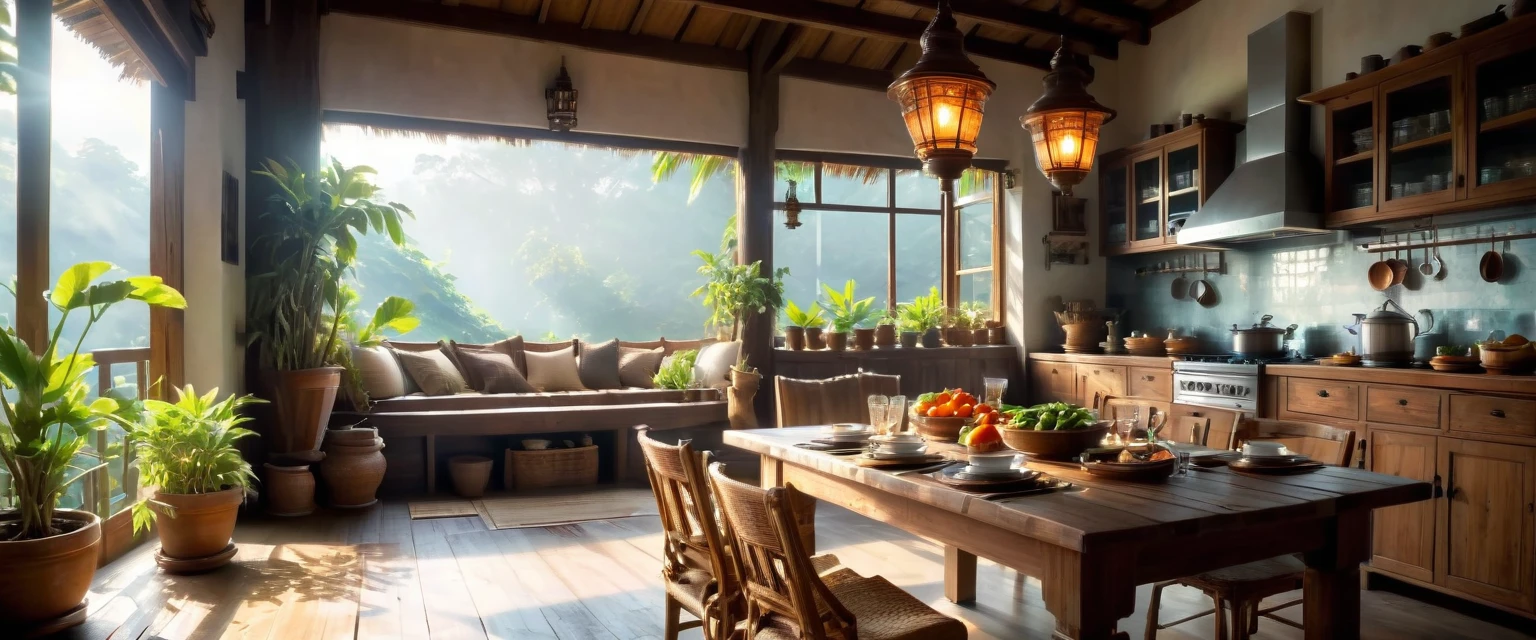 Landscape image of a cozy traditional Indonesian kitchen. The setting is filled with utensils and traditional decor. The bright morning sunlight streams through the window, illuminating the entire kitchen. To the left, there is a dining table with traditional Indonesian elements. The overall atmosphere is warm and inviting, with a rustic charm and cozy feel. The camera angle is wide and distant, capturing the entire scene clearly. (cinematic, good lighting, realistic, 8K)