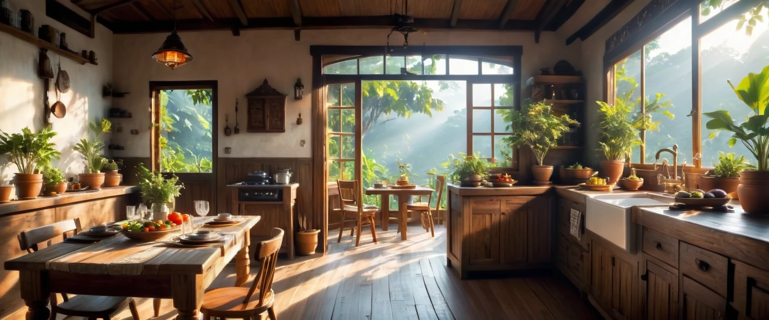 Landscape image of a cozy traditional Indonesian kitchen. The setting is filled with utensils and traditional decor. The bright morning sunlight streams through the window, illuminating the entire kitchen. To the left, there is a dining table with traditional Indonesian elements. The overall atmosphere is warm and inviting, with a rustic charm and cozy feel. The camera angle is wide and distant, capturing the entire scene clearly. (cinematic, good lighting, realistic, 8K)