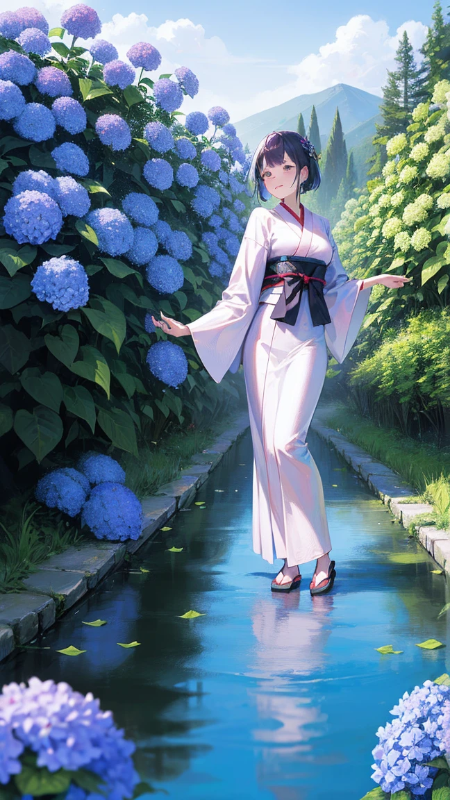 A beautiful, woman in a traditional Japanese kimono, standing in a serene Japanese garden filled with blooming hydrangeas. She is holding an umbrella, facing forward, and smiling gently. The illustration is in the style of Japanese anime, with detailed, vibrant colors and a soft, blurred background to highlight the scene. The garden path is wet and reflective, with lush greenery and vibrant hydrangea bushes.