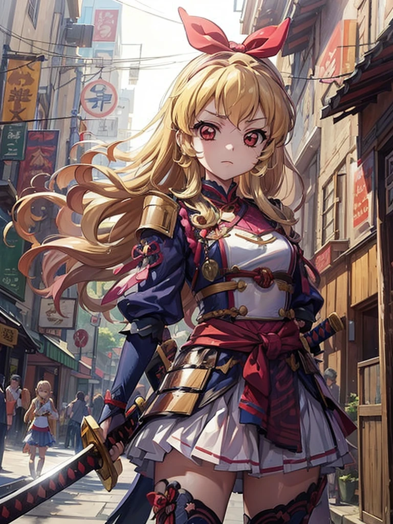 a drawing of a woman with long hair that looks like a samurai, 1girl, solo, weapon, sword, long hair, katana, Blonde hair, armor,Samurai girl,Ichigo Hoshimiya (Aikatsu!),samurai,