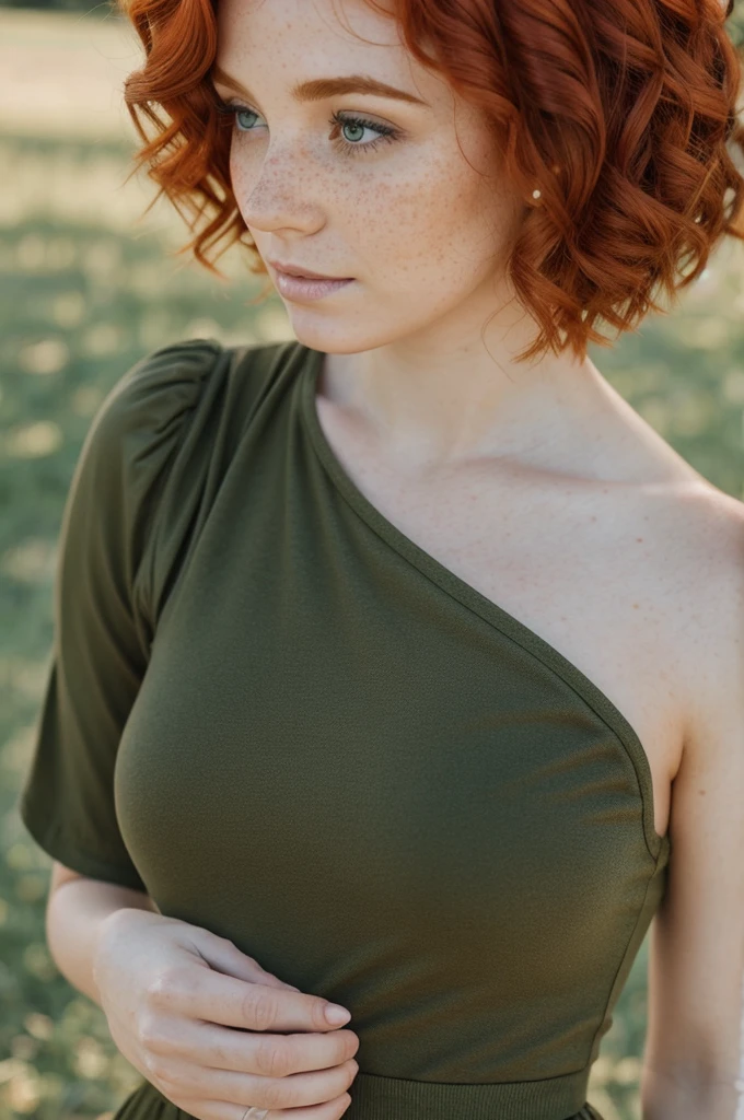Create a magical redhead fairy with short curly hair with a few freckles on her pale face, con un vestido army Green desgastado
